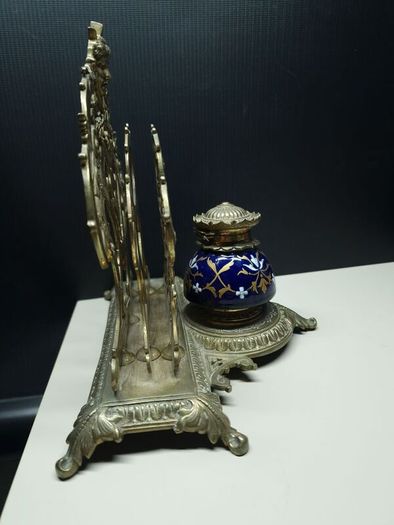 Antique Victorian Inkwell Set  Ornate Brass & Hand Painted Glass c. late 1800s
