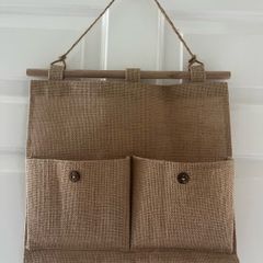 Rustic Burlap Wall Organizer Vintage Style Hanging Storage with Wooden Accents
