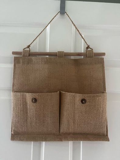 Rustic Burlap Wall Organizer Vintage Style Hanging Storage with Wooden Accents
