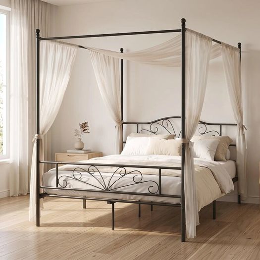 Canopy Bed Frame King Size, Metal Platform Bed Frame with Headboard and Footboard, Underbed Storage