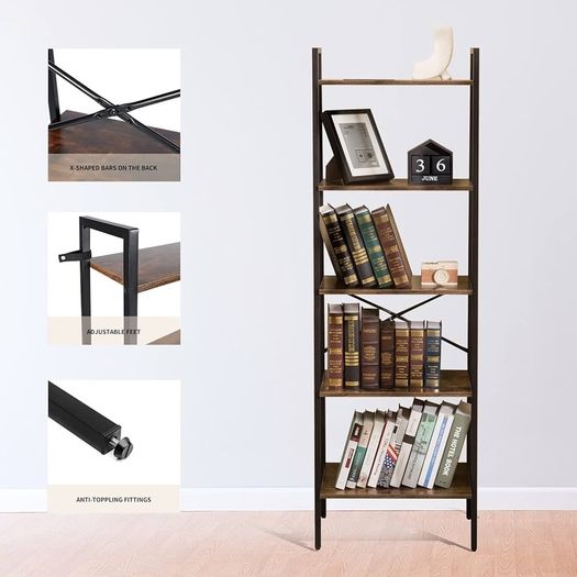 NEW SALE | Bookcase Bookshelf Ladder Shelf 5-Tier Steel Frame Industrial Style Storage Rack Organiser Standing Shelf for Office Study Living Room Bedroom 56x32x172cm