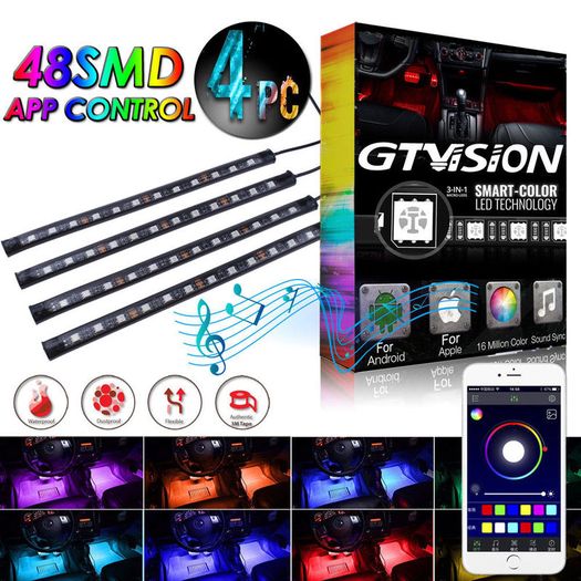 APP Controlled RGB 48-LED Glow Interior Kit Under Dash Neon Footwell Inside Seats Light