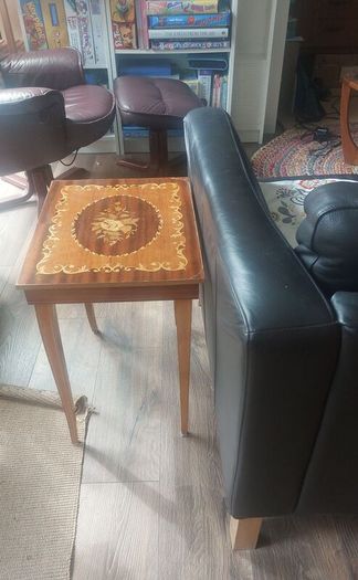 Vintage Mid Century Side Table with a Handmade Marquetry Panel Top Featuring a Floral Motif, Unknown Maker, Presume Italian-Made, Condition Issues, Needs Restoring
