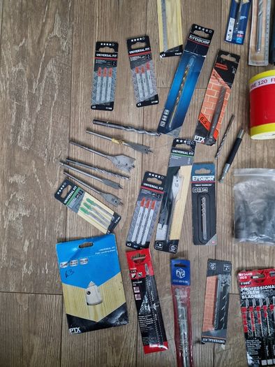 Large collection of drill bits and jigsaw blades