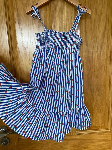 Girl's Blue and White Striped Cherry Summer Dress