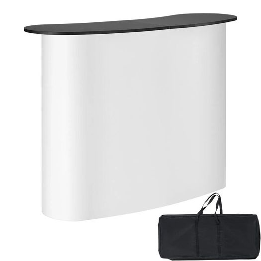 Portable Tradeshow Podium Table, 130 x 46,5 x 95 cm, Display Exhibition Counter Stand Booth Fair with Wall, Foldable Promotion Retail Bar Table Pop Up Podium with Storage Rack, Carrying Bag