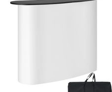 Portable Tradeshow Podium Table, 130 x 46,5 x 95 cm, Display Exhibition Counter Stand Booth Fair with Wall, Foldable Promotion Retail Bar Table Pop Up Podium with Storage Rack, Carrying Bag