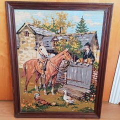 Vintage large needlepoint tapestry depicting a countryside scene with woman,horses, a cottage, a rooster, and a duck  size 54x68cm  made in France