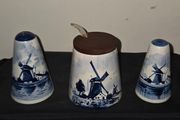 Vintage Delft Blue Salt and Pepper Shakers with matching Sugar Bowl