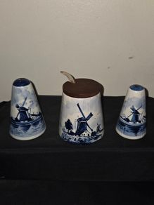 Vintage Delft Blue Salt and Pepper Shakers with matching Sugar Bowl