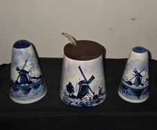 Vintage Delft Blue Salt and Pepper Shakers with matching Sugar Bowl