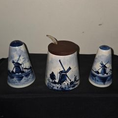 Vintage Delft Blue Salt and Pepper Shakers with matching Sugar Bowl