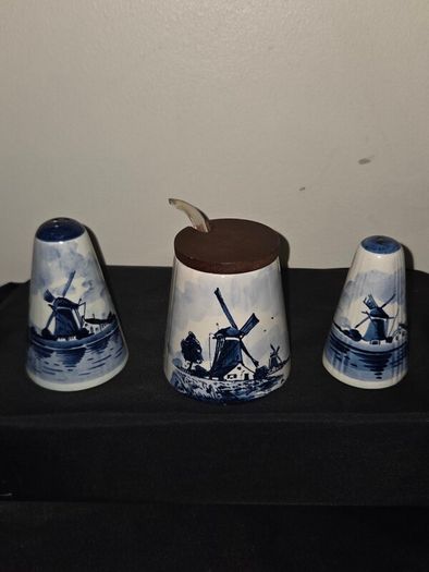 Vintage Delft Blue Salt and Pepper Shakers with matching Sugar Bowl