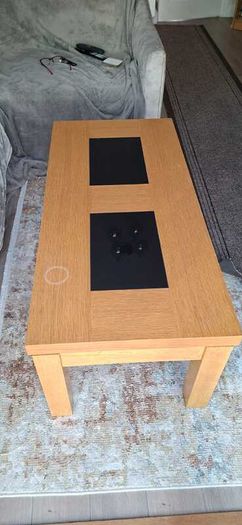 Oak coffee table with black glass inserts