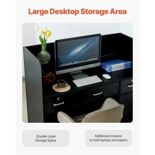 Reception Desk, 47.24 x 18.9 x 39.37 in Rectangular Front Counter Table, Office Reception Counter with Lockable Drawer and Storage Cabinet