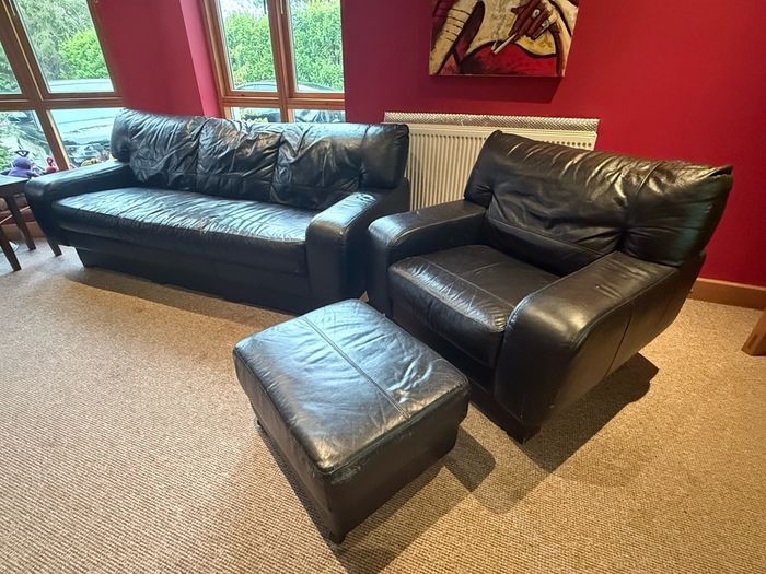 DFS Black Leather Sofa Suite 3 Seater, 2 Seater, Armchair & Footstool