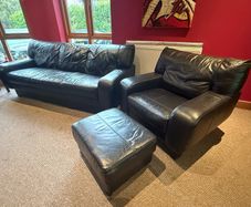 DFS Black Leather Sofa Suite 3 Seater, 2 Seater, Armchair & Footstool