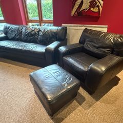 DFS Black Leather Sofa Suite 3 Seater, 2 Seater, Armchair & Footstool