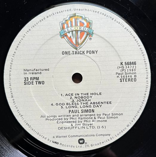 Paul Simon One Trick Pony Vinyl 1980 Irish Pressing