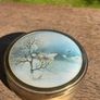 Vintage  1970s Brass Trinket Box with Footed Elegance with Enchanting Winter Scene Lid Image 4