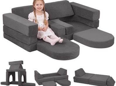 Kids Play Sofa 10-Pieces Toddler Chair Fold Out Bed Foam Modular Couch for Girls Boy