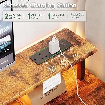 Gaming Desk with LED Lights & Power Outlets, 120 50cm Computer Desk with Storage Shelves & Dual Monitor Stand, for Home Office Study Bedroom Small Spaces, Brown