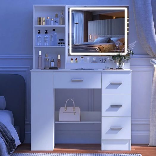 White Dressing Table with LED Mirror 3-Color Lights & Side Cabinet, 2-in-1 Makeup Vanity Desk and Nightstand with 4 Drawers & 6 Storage Shelves, Girls Vanity Table Bedroom Dresser, Large 90cm