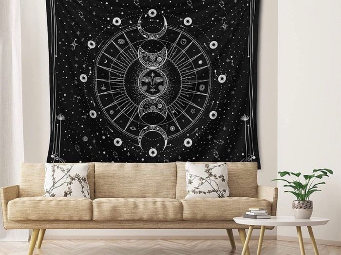 Tapestry for Bedroom Aesthetic, Sun Moon Star Large Astrology Wall Hanging, Black White Psychedelic Room Decorations (130x150cm)