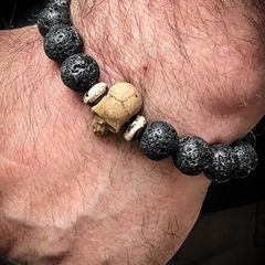 Mens Dad Gift Miniature Resin Skull and Black Volcanic Lava Beaded Bracelet Skull Art Jewelry Goth Vulture Culture