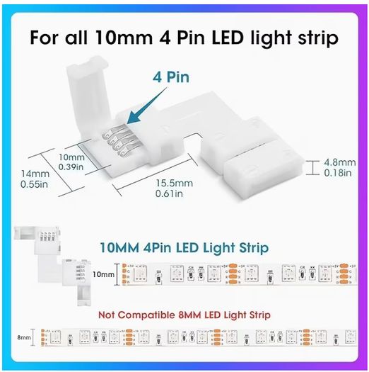 30pcs 4-Pin LED Connectors 10Mm L-Shape Solderless Connector Kit Heat Resistant RGB LED Light Strip Connectors Quick Connector Solderless Unwired for 10Mm SMD5050 Multicolour Strips Splice Extend