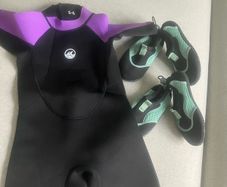 Kids shorty wetsuits and swim shoes