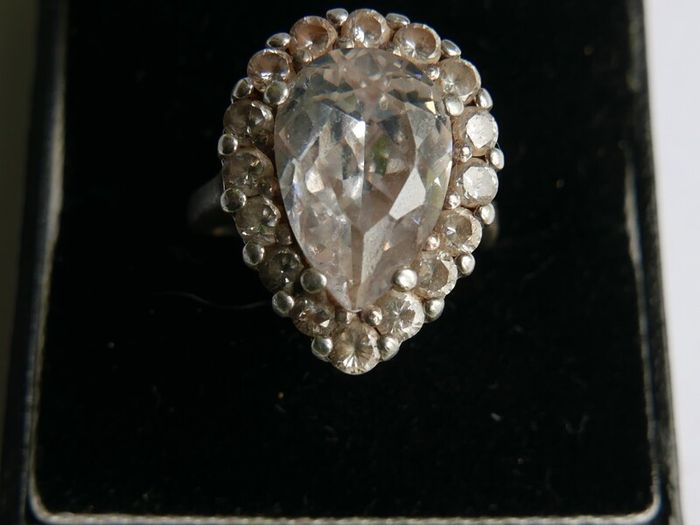 Vintage Sterling Silver 925 Big Stone Ring Women Champagne Crystal Cubic Zirconia 10g size Q1/2