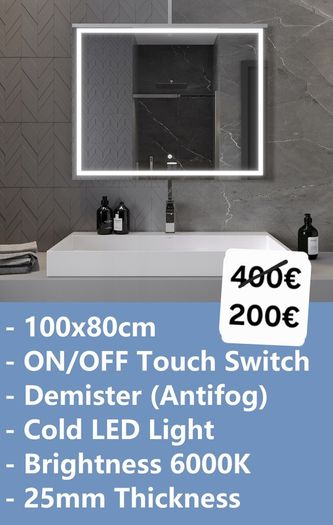 LED Bathroom Mirrors Speakers Demister Antifog Weather Station Clock Dual LED Sensor Touch