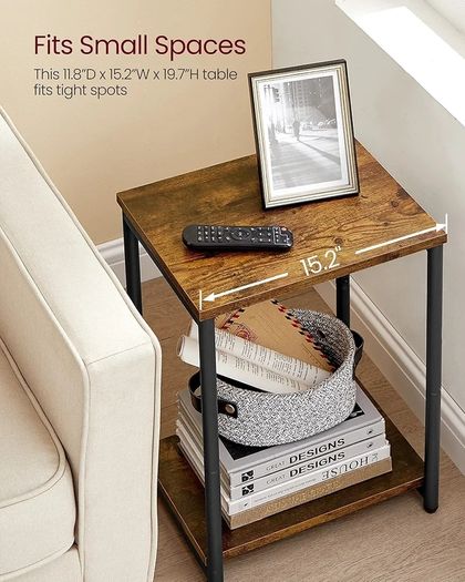 Set of 2 Side Tables, 2-Tier Sofa Side Tables, Bedside Tables with Steel Frames, for Living Room, Bedroom, Home Office, Industrial Style, Rustic Brown and Black