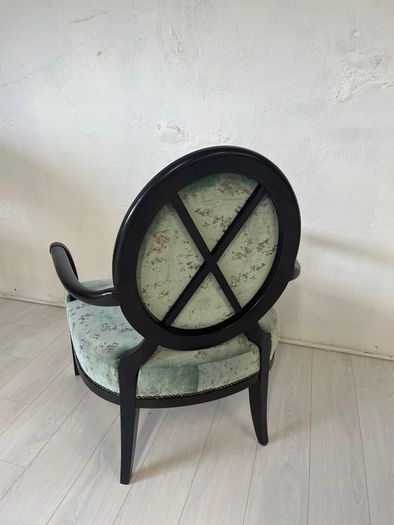 Verdant Halo Armchair in Distressed Teal Velvet with Sculpted Ebony Frame