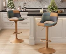 Bar Stools Set of 2, Boho Colorful Patchwork Barstools, Adjustable Swivel Counter Stools Faux Leather Upholstered Counter Chairs with Hollow Back, Bar Chair for Kitchen Island, Tan