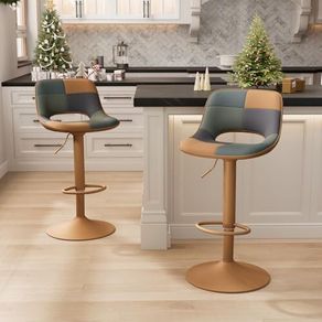 Bar Stools Set of 2, Boho Colorful Patchwork Barstools, Adjustable Swivel Counter Stools Faux Leather Upholstered Counter Chairs with Hollow Back, Bar Chair for Kitchen Island, Tan