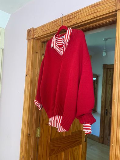 Zara Red Oversized V Neck Jumper  Size Large