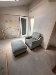Duck egg blue armchair and matching footstool