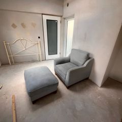 Duck egg blue armchair and matching footstool