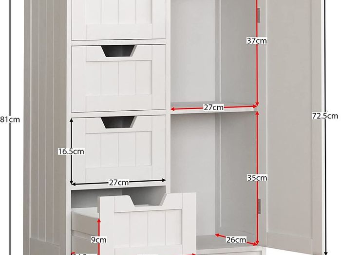Bathroom Cupboard 4 Drawer 1 Door Floor Standing Cabinet Unit Storage Wood, White