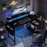 100cm Reversible L-Shaped Gaming Desk with Power Sockets & LED Lights, Carbon Fibre Computer Table with Long Monitor Stand, 2-Tier CPU Storage Shelves & Side Pouch, Black Image 2