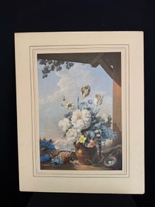 Antique 1856 George Baxter Print - "The Gardener's Shed" (Original Embossed Mount)