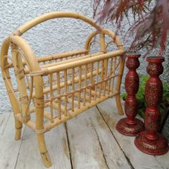 Bamboo magazine rack, vintage vinyl rack