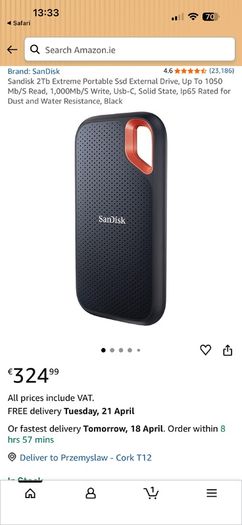 Sandisk 2Tb Extreme Portable Ssd External Drive,  Up To 1050 Mb/S Read, 1,000Mb/S Write,  Usb-C,