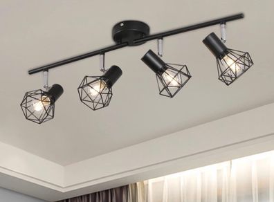 4 Way Ceiling Light Fixture Rotatable Retro Spotlight Fitting E14 Base Angle Adjustable with Black Metal Cage Flush Mount