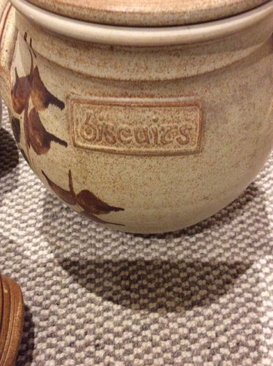OFFERS WELCOME PLEASE -Ballydougan Stoneware Pottery - 4 Pieces . Biscuit ( Old Irish writing) Sugar and Tea lidded Jars and a shallow bowl shaped dish for biscuits