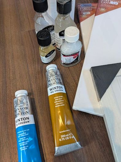Large selection of oil painting brushes, paints and canvases, oils etc