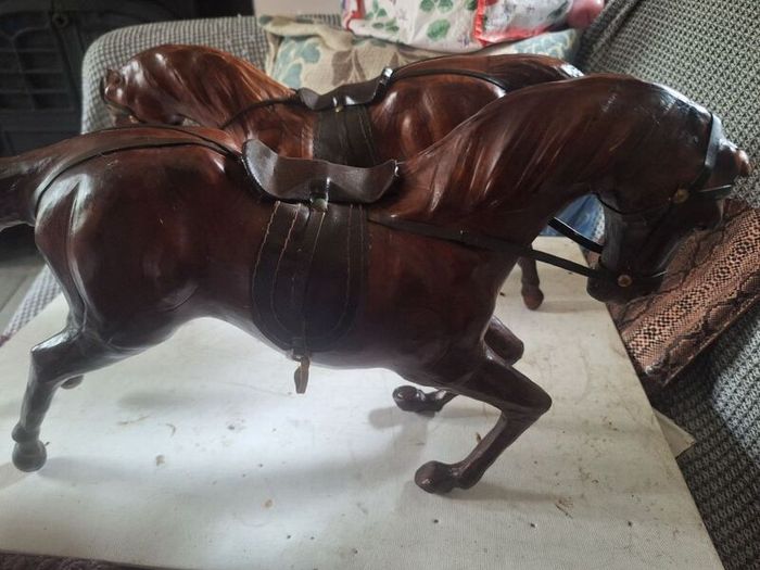 Vintage 1950s/60s Carved Wood wrapped in leather horses