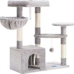 Cat Tree with Sisal Scratching Posts, Multi-Level Cat Tower, Cat climbing frame with large platform, basket, Light Grey